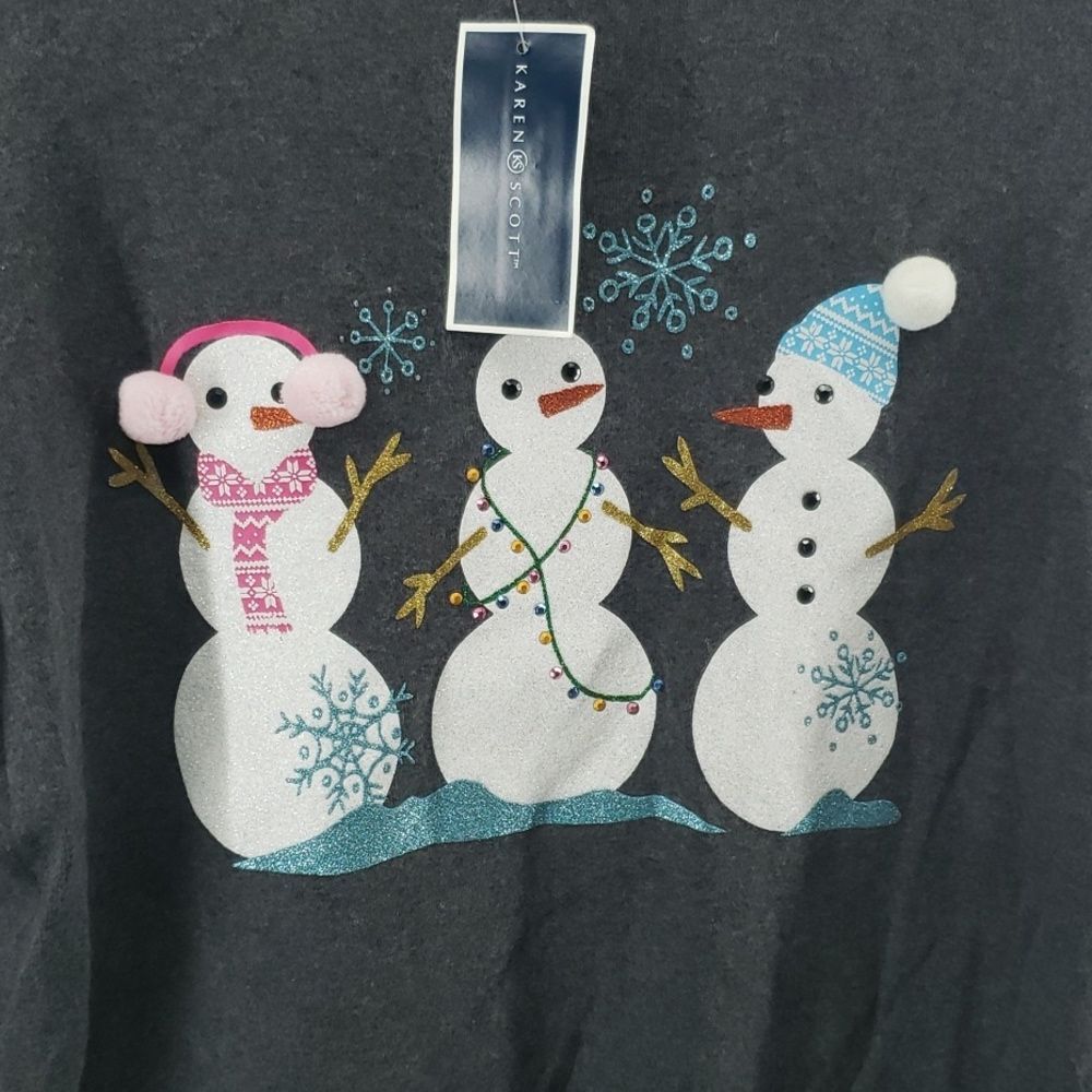 Karen Scott Snowman Trio Long Sleeve Top Charcoal Medium Holiday (AM) - Picture 2 of 7